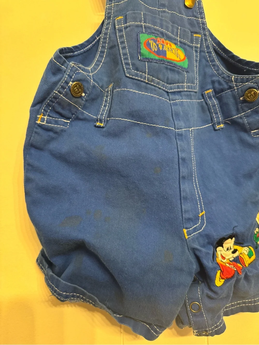 Kids Blue Mickey Mouse Short Overalls with Red Printed Suspenders